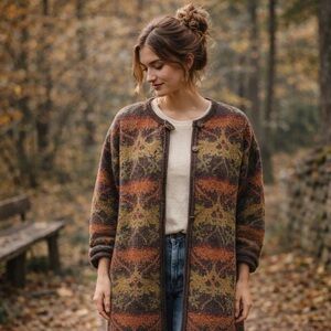 Past Times 100% Wool Cardigan UK Made Granola Cottagecore Tapestry Sweater M/L